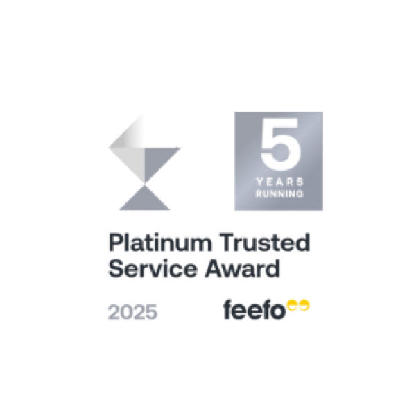 Feefo Platinum Trusted Service Award — 5 years running, 2025